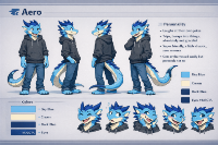 Aero — Main Fursona
Basic Info

Name: Aero

Age: 19

Species: Dragon (Anthropomorphic)

Build: Lanky, slim, tall

Body

Long arms and legs, narrow shoulders

Slightly awkward, relaxed posture

Long dragon tail that curls naturally

No wings

Head & Face

Clearly dragon-like: medium-length snout, defined jawline

Friendly, expressive reptilian eyes

Small fangs visible when smiling

Default expression: playful, relaxed, mildly mischievous

Horns

Smooth texture, curved slightly backward

Dark blue (#0D1F5F), darker at the tips

Colors

Primary scales: Sky blue (#87CEEB)

Underbelly / muzzle / neck: Cream (#FFF5E1)

Tail spines: Dark blue gradient (#0D1F5F → #1A3C7A)

Eyes: Deep blue (#1A3C7A)

Clothing

Oversized dark gray hoodie (#4B4B4B), hood down

Casual blue jeans (#5A7BB0)

Bare dragon feet with visible claws