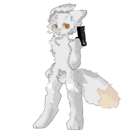 This is an albino Experiment species from the game Gunsaw by Orsoniks.
Around 5'5", male, ~115 pounds, very soft and fluffy, not a great fighter.