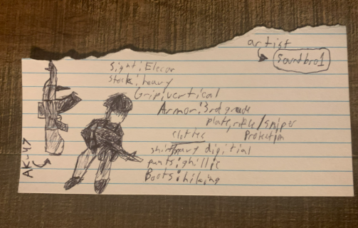 Drew this art base last night, got bored. Plus, I wrote down what the words are under this.
Sight: Elecan     Stock: heavy    Grip: Vertical    Armor: 3rd grade plate, rifle/sniper protection
Clothes
----------
Shirt: Navy digitail (digicam)
Pants: Ghillie
Boots: Hiking
(forgot to add) Helmet: SWAT

Might make a protogen base for the next one, like this, slightly diffrent. Got more art being posted today, so, check it out :)